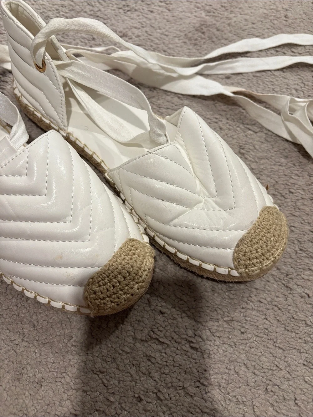White Quilted Espadrille Lace-Up Flats